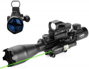 UUQ 4-16x50 Tactical Rifle Scope Red/Green Illuminated Range Finder Reticle W/ Green Laser Sight and Holographic Reflex Dot Sight